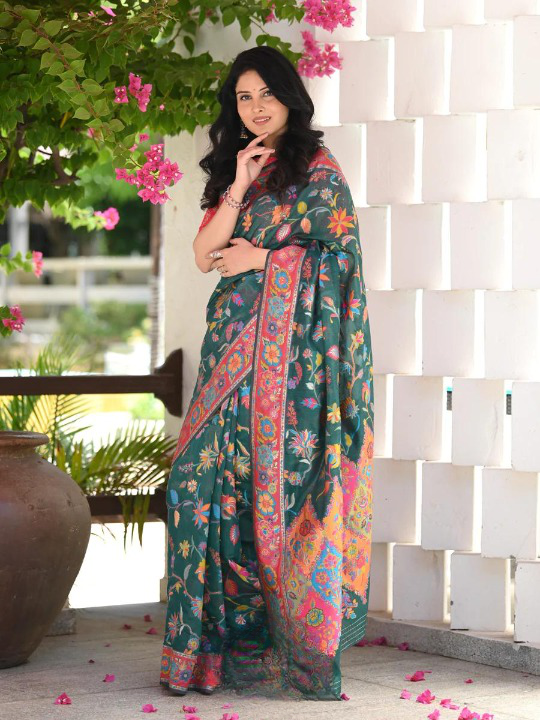 Seraglio Green Pashmina saree With Staggering Blouse Piece