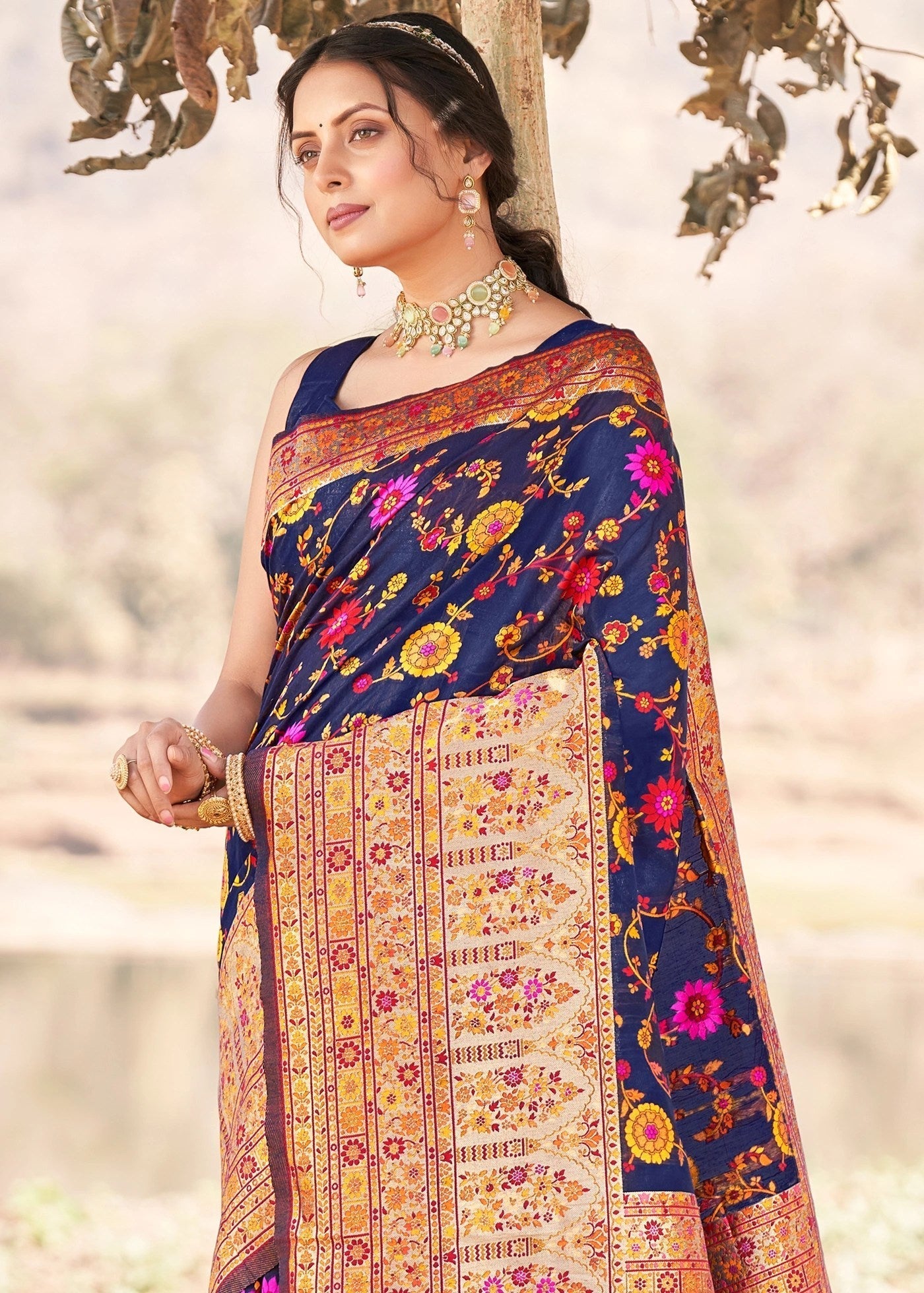 Amiable Blue Pashmina saree With Snazzy Blouse Piece
