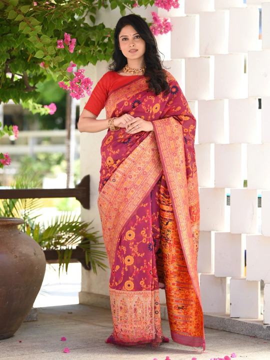 Vestigial Red Pashmina saree With Sempiternal Blouse Piece