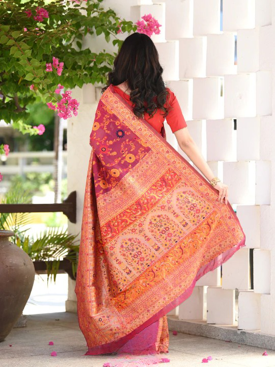 Vestigial Red Pashmina saree With Sempiternal Blouse Piece