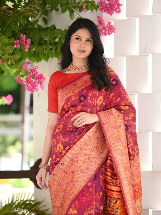 Vestigial Red Pashmina saree With Sempiternal Blouse Piece