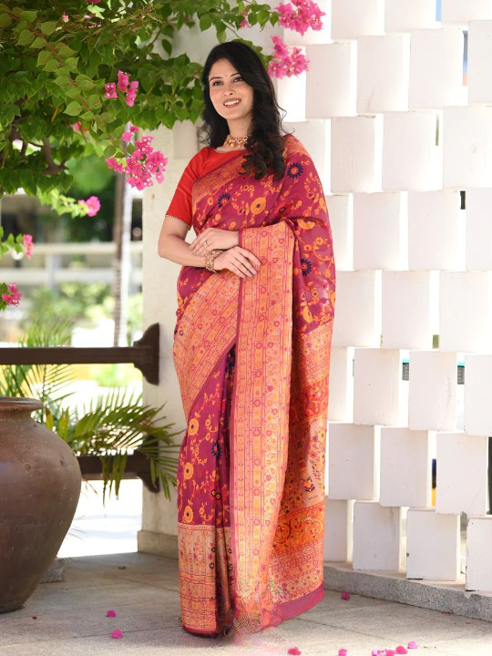 Vestigial Red Pashmina saree With Sempiternal Blouse Piece