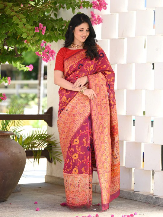 Vestigial Red Pashmina saree With Sempiternal Blouse Piece