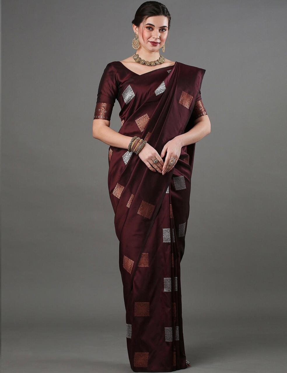 Preferable Wine Soft Silk Saree With Flamboyant Blouse Piece