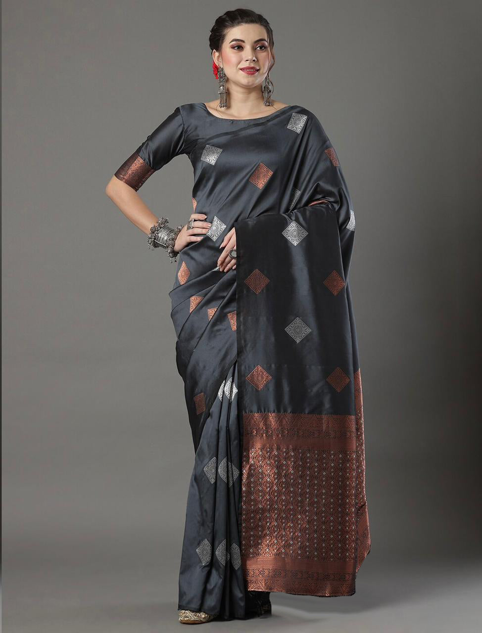 Scintilla Grey Soft Silk Saree With Petrichor Blouse Piece