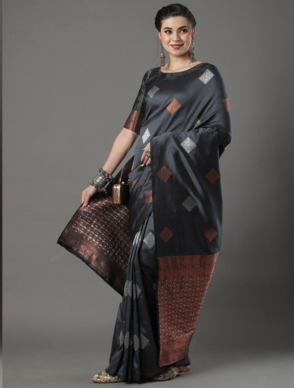 Scintilla Grey Soft Silk Saree With Petrichor Blouse Piece