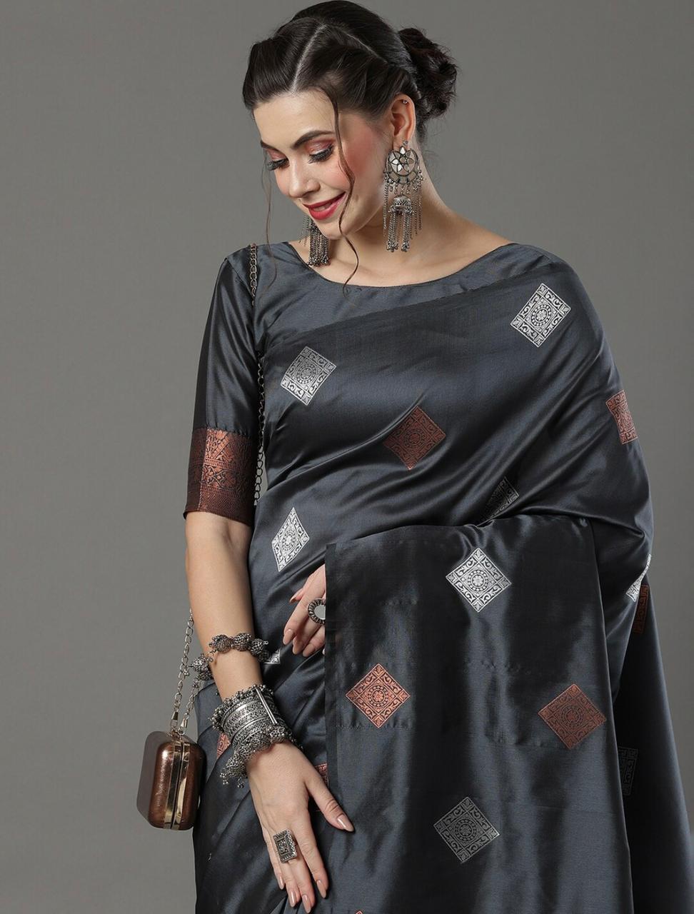 Scintilla Grey Soft Silk Saree With Petrichor Blouse Piece