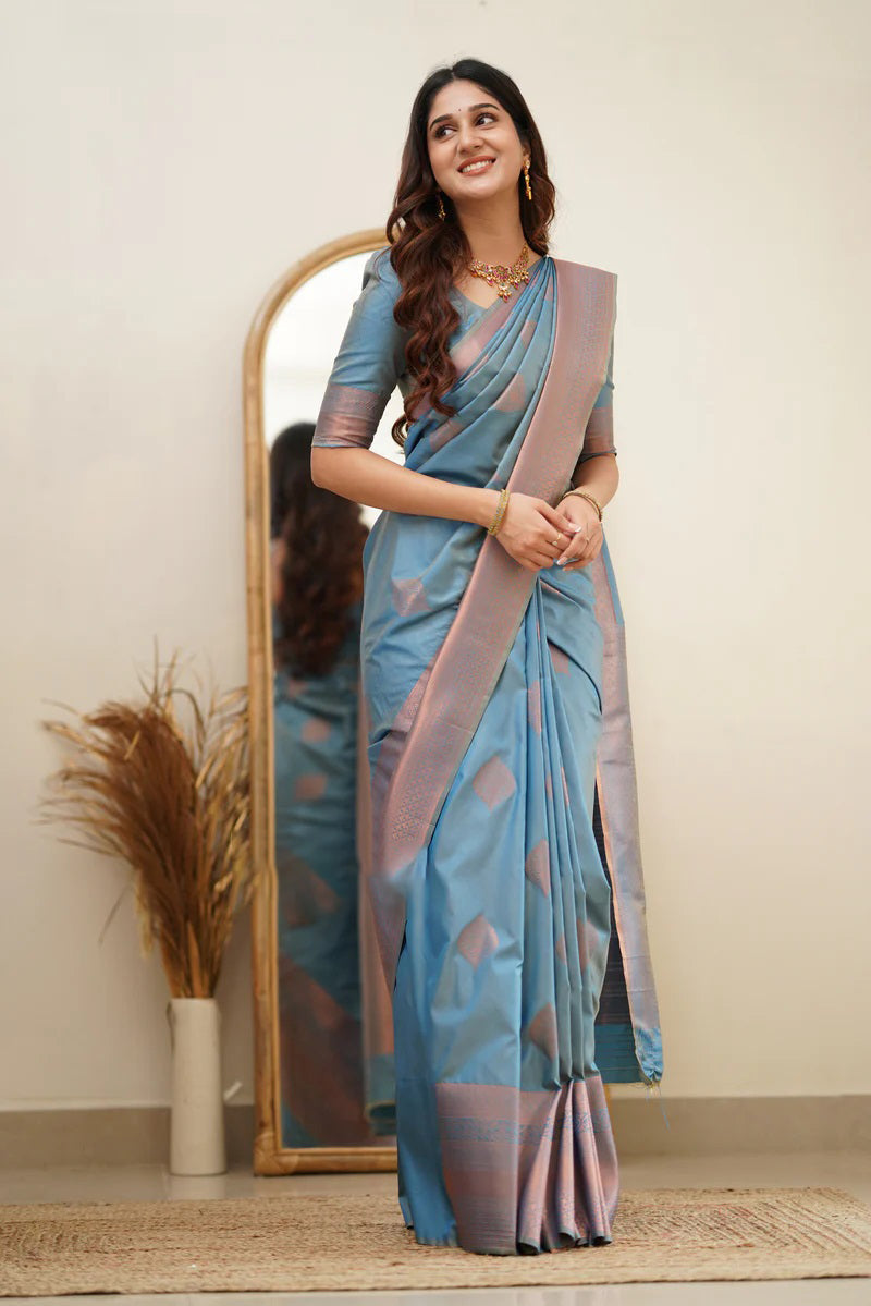 Lagniappe Sky Soft Silk Saree With Murmurous Blouse Piece