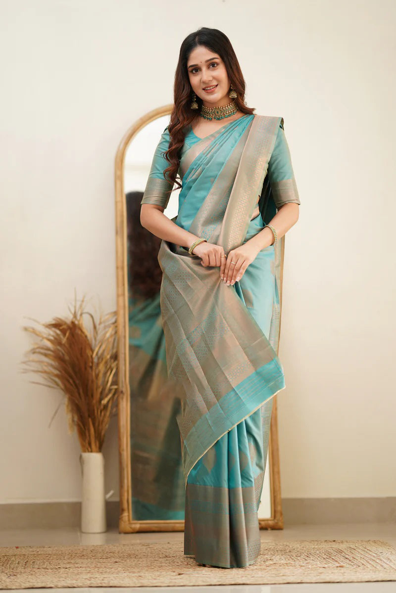 Scintilla Turquoise Soft Silk Saree With Vestigial Blouse Piece