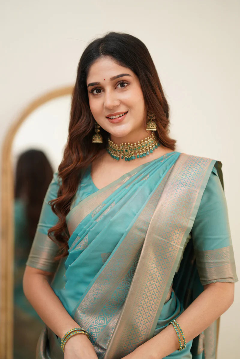 Scintilla Turquoise Soft Silk Saree With Vestigial Blouse Piece