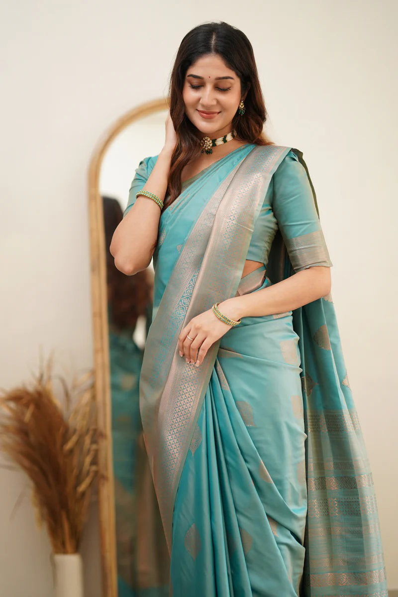 Scintilla Turquoise Soft Silk Saree With Vestigial Blouse Piece