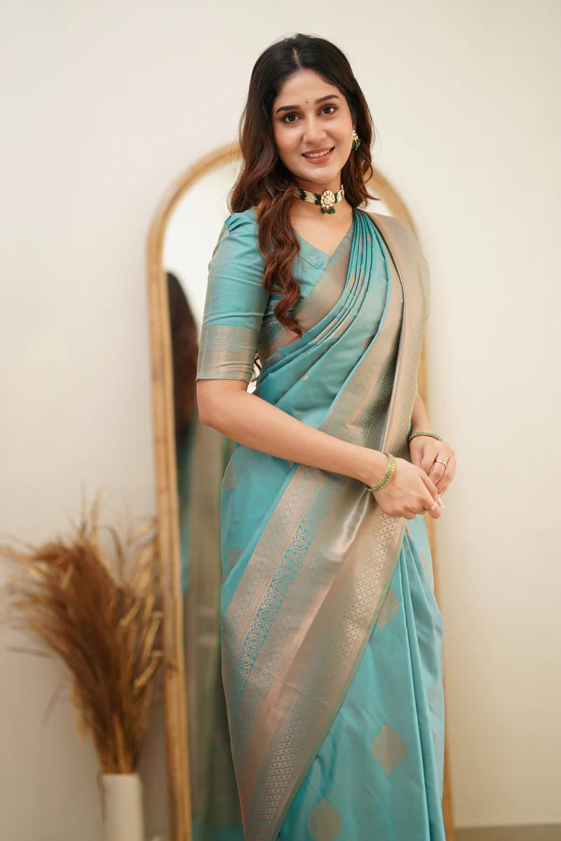 Scintilla Turquoise Soft Silk Saree With Vestigial Blouse Piece