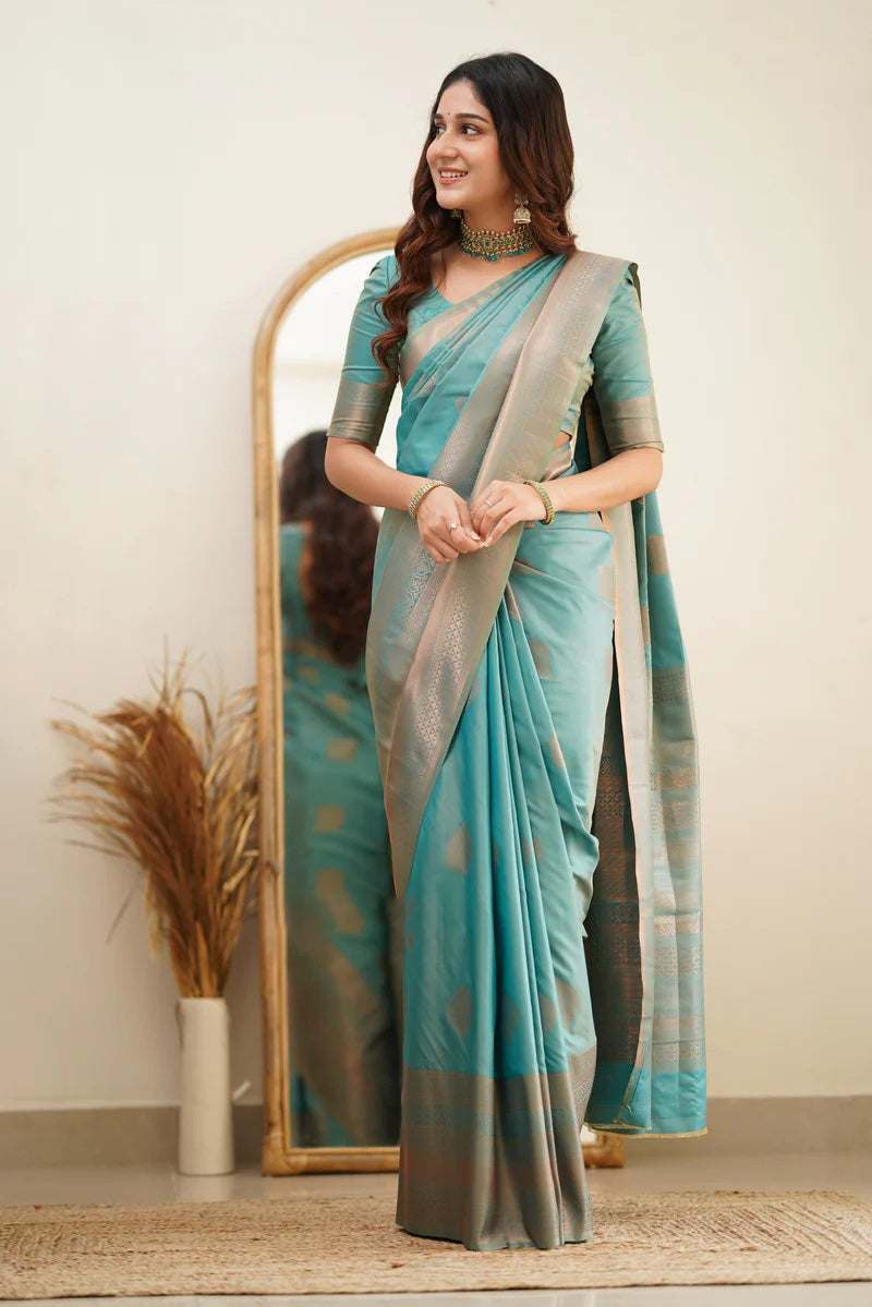 Scintilla Turquoise Soft Silk Saree With Vestigial Blouse Piece