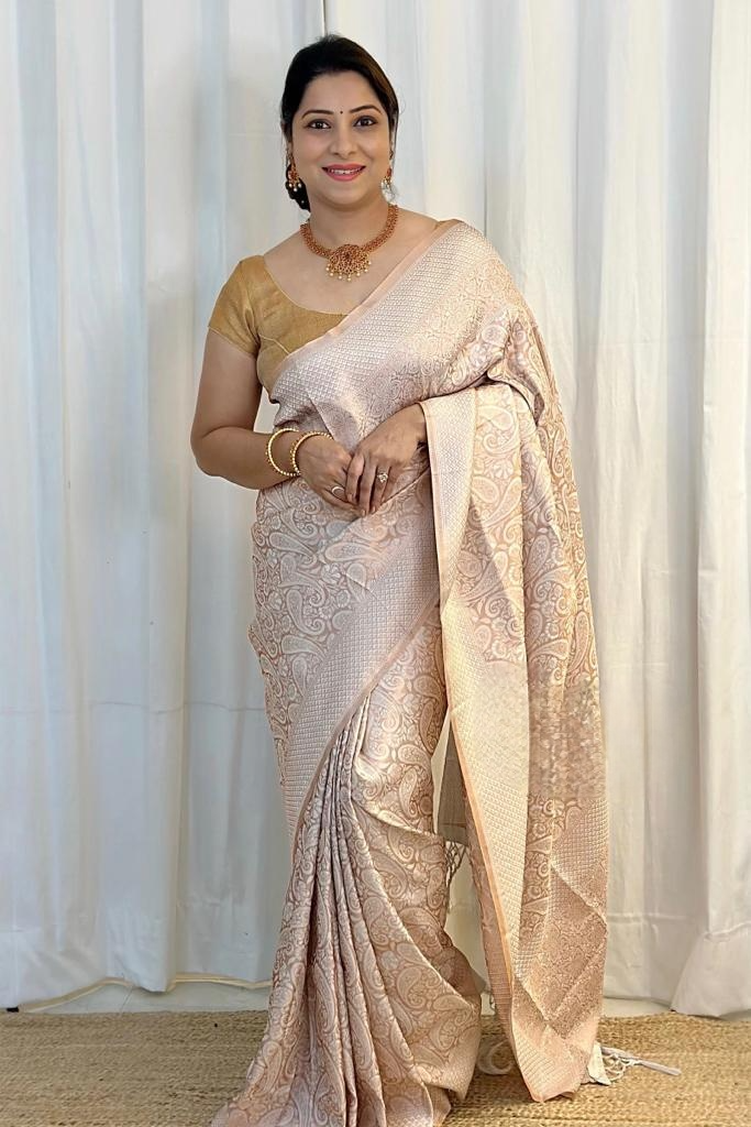 Impressive Beige Soft Silk Saree With Breathtaking Blouse Piece