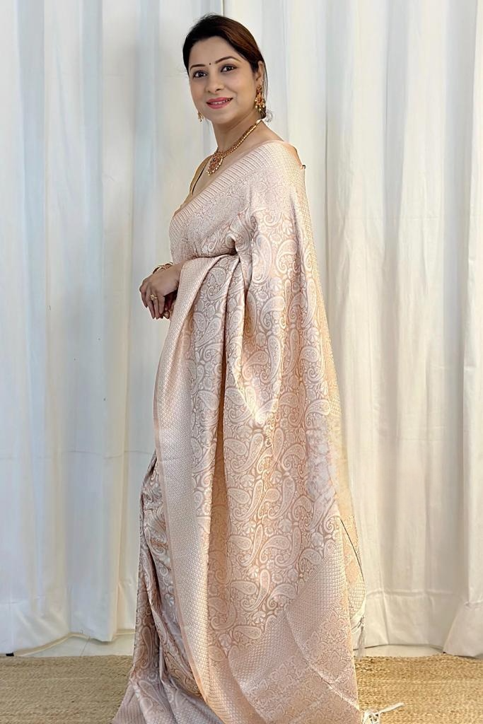Impressive Beige Soft Silk Saree With Breathtaking Blouse Piece