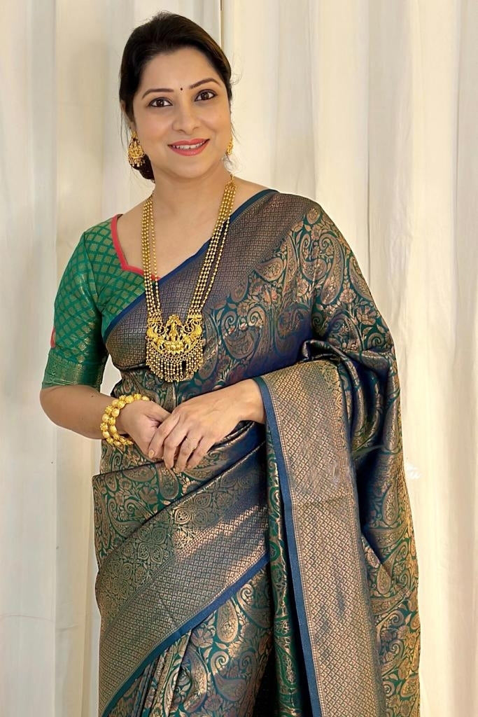 Beleaguer Green Soft Silk Saree With Elision Blouse Piece