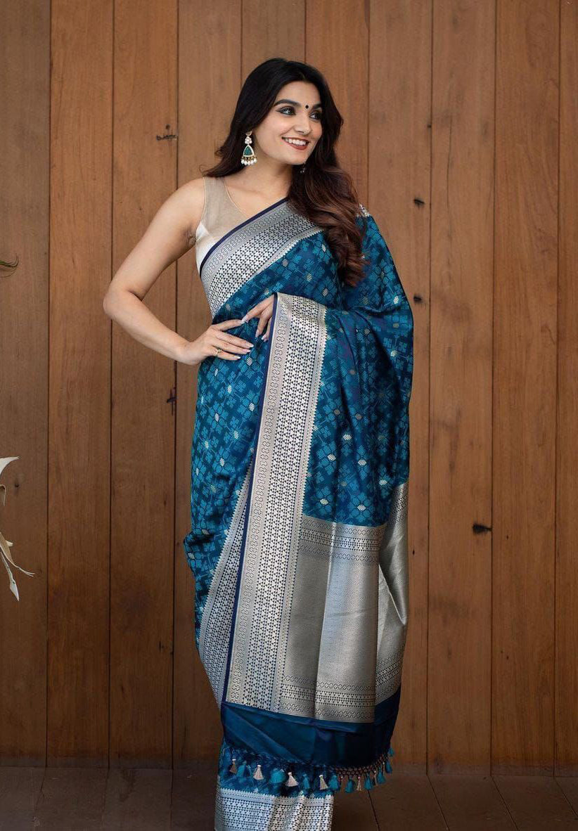 Girlish Teal Blue Soft Silk Saree With Impressive Blouse Piece