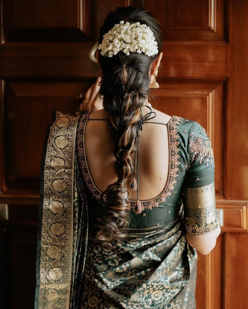 Traditional Dark Green Soft Silk Saree With Hypnotic Blouse Piece