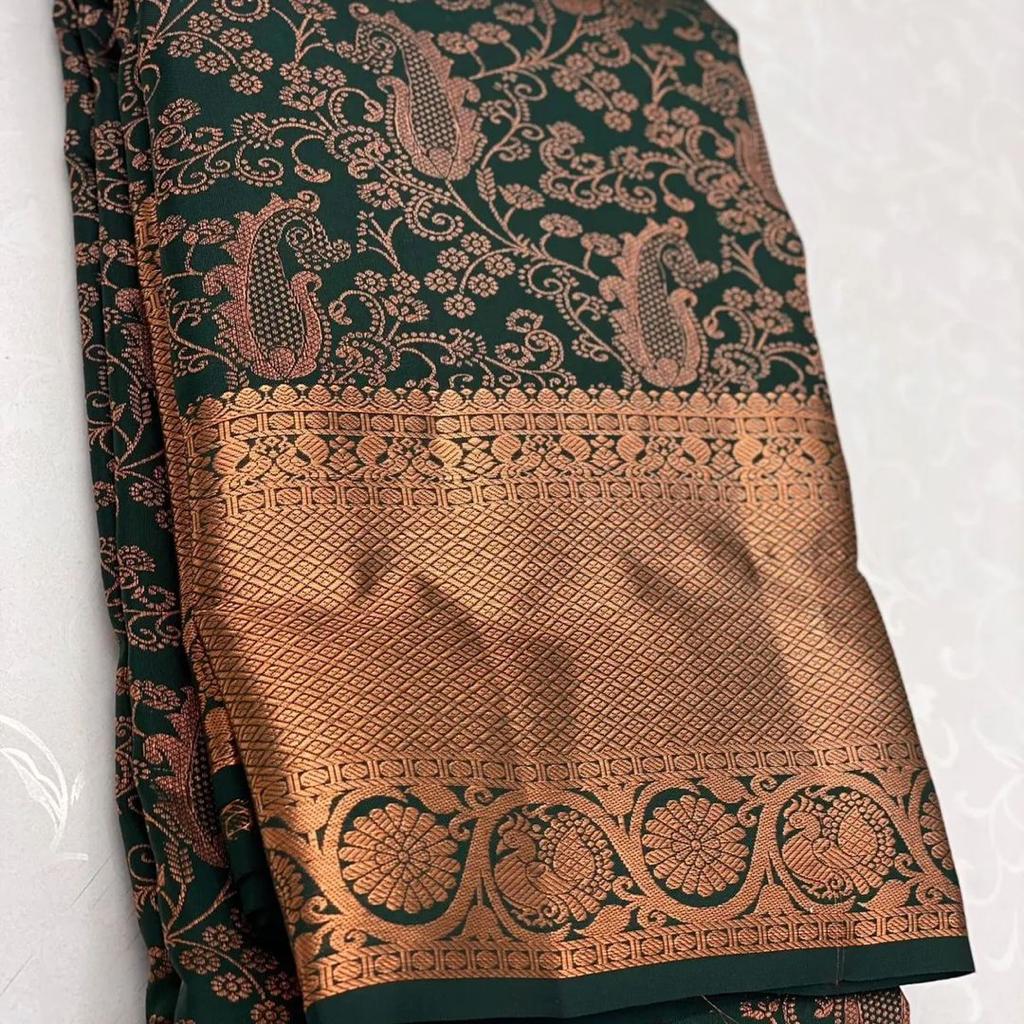 Woebegone Dark Green Soft Silk Saree With Serendipity Blouse Piece