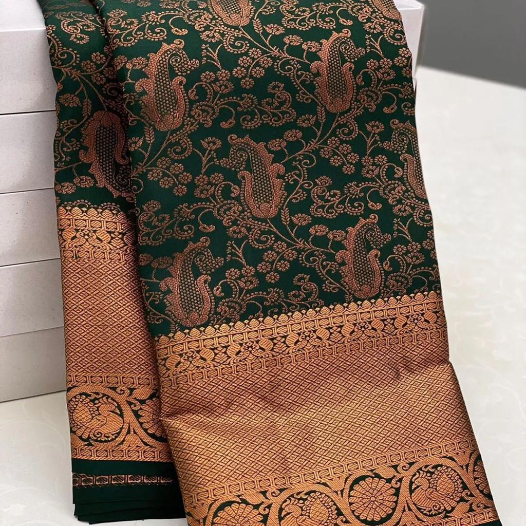 Woebegone Dark Green Soft Silk Saree With Serendipity Blouse Piece