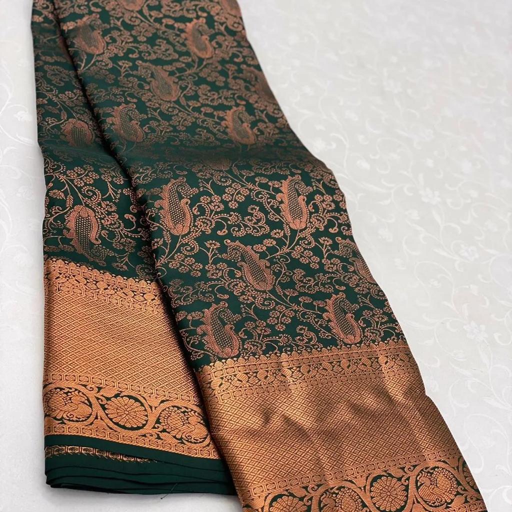 Woebegone Dark Green Soft Silk Saree With Serendipity Blouse Piece