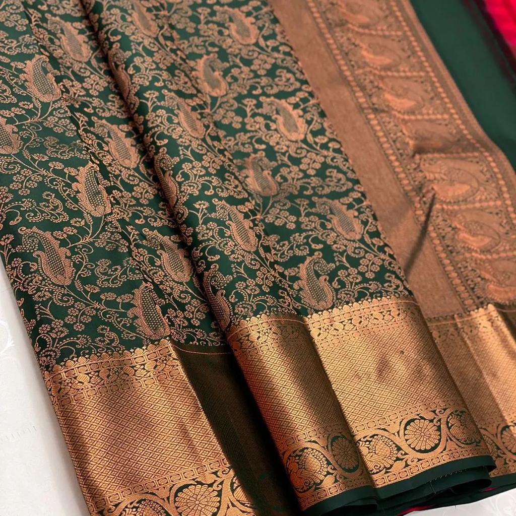 Woebegone Dark Green Soft Silk Saree With Serendipity Blouse Piece