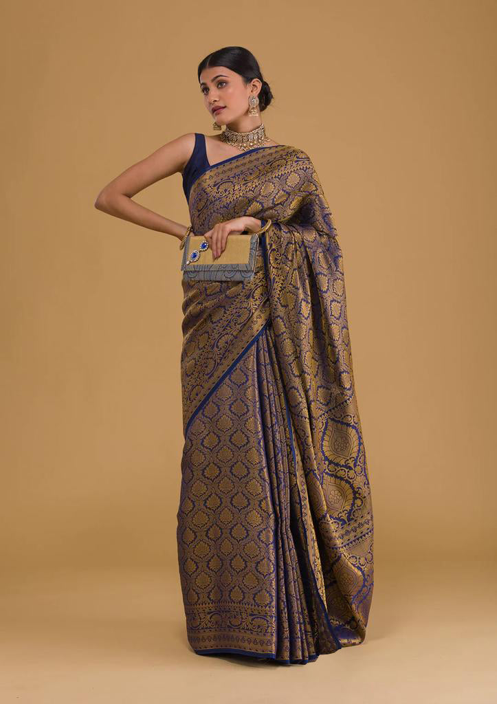 Traditional Navy Blue Soft Silk Saree With Exquisite  Blouse Piece