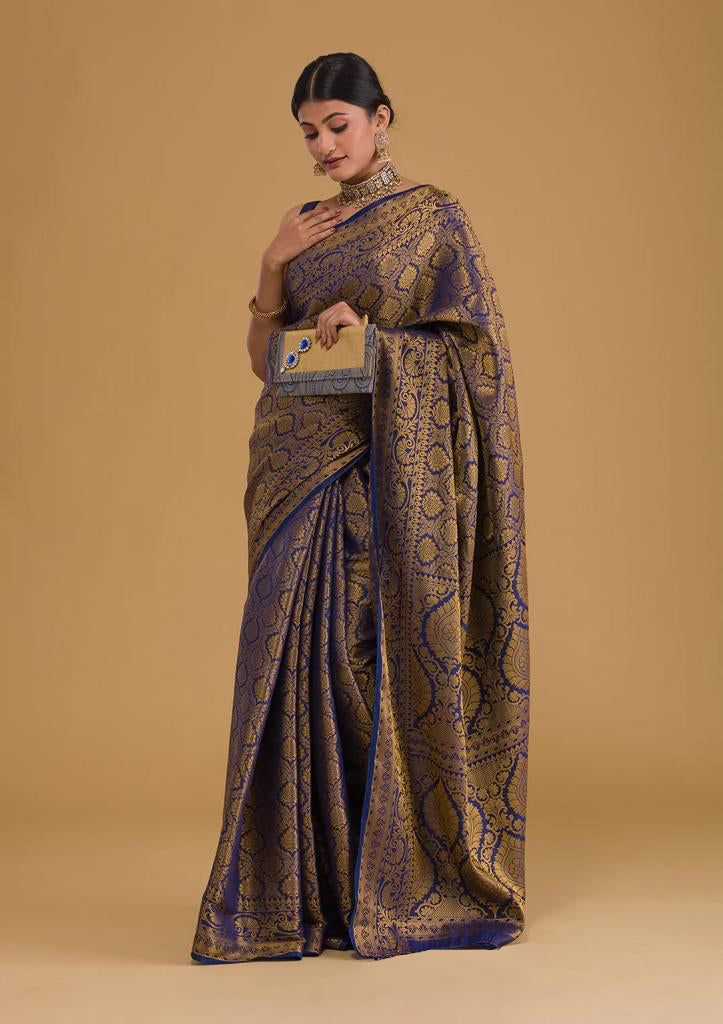 Traditional Navy Blue Soft Silk Saree With Exquisite  Blouse Piece