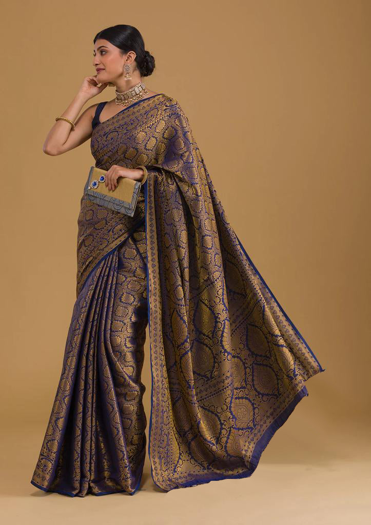 Traditional Navy Blue Soft Silk Saree With Exquisite  Blouse Piece