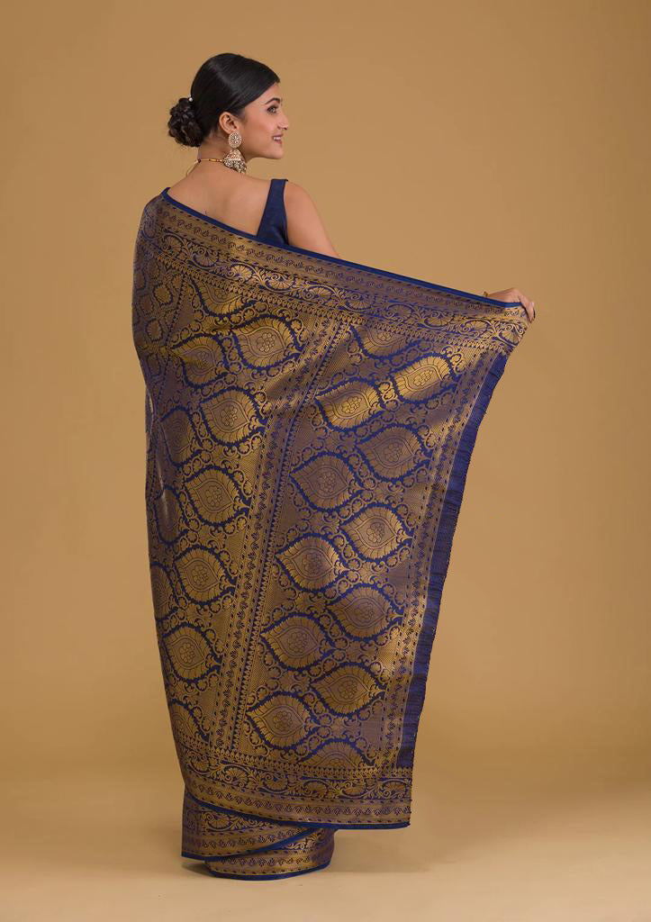 Traditional Navy Blue Soft Silk Saree With Exquisite  Blouse Piece
