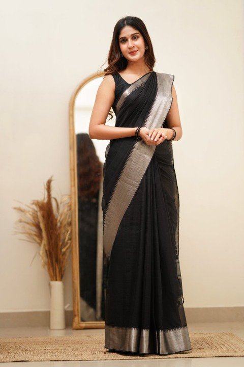 Breathtaking Black Cotton Silk Saree With Intricate Blouse Piece