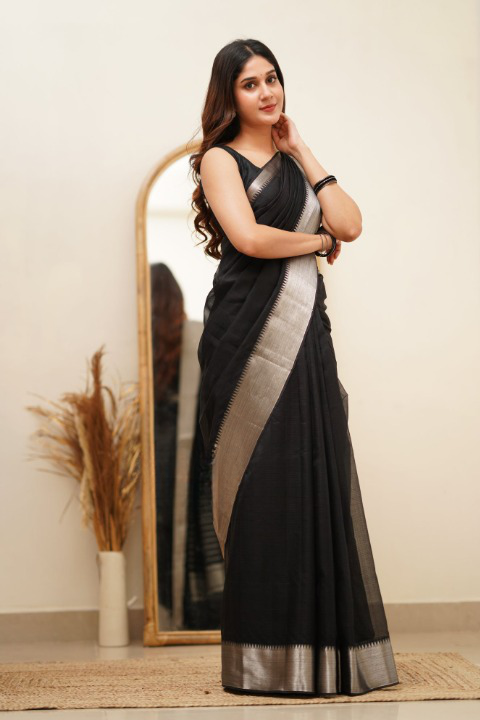 Breathtaking Black Cotton Silk Saree With Intricate Blouse Piece