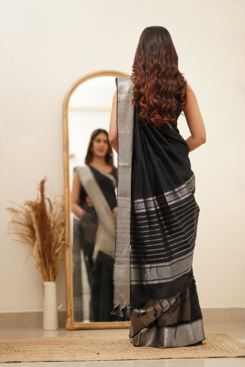 Breathtaking Black Cotton Silk Saree With Intricate Blouse Piece