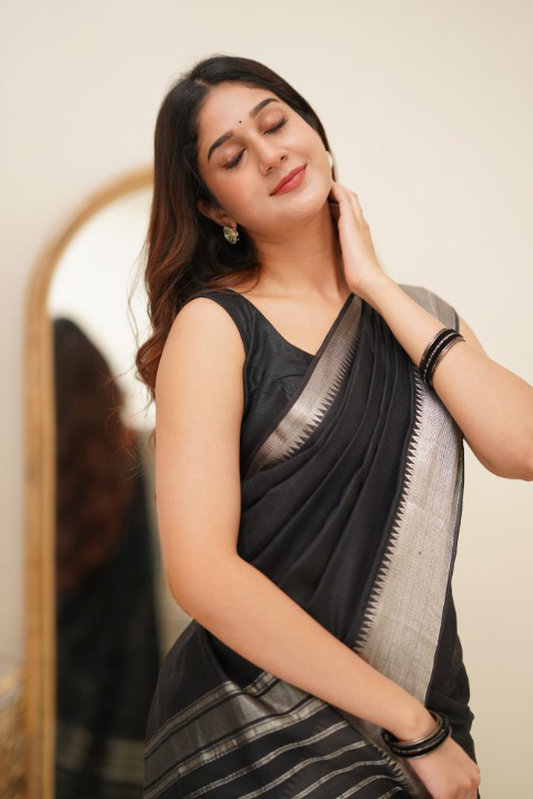 Breathtaking Black Cotton Silk Saree With Intricate Blouse Piece