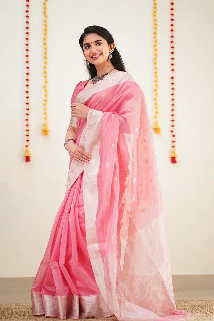 Precious Pink Cotton Silk Saree With Unique Blouse Piece