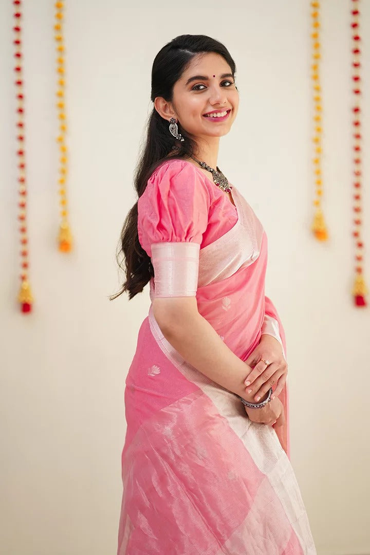 Precious Pink Cotton Silk Saree With Unique Blouse Piece