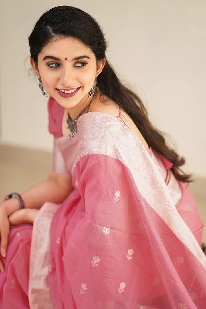 Precious Pink Cotton Silk Saree With Unique Blouse Piece