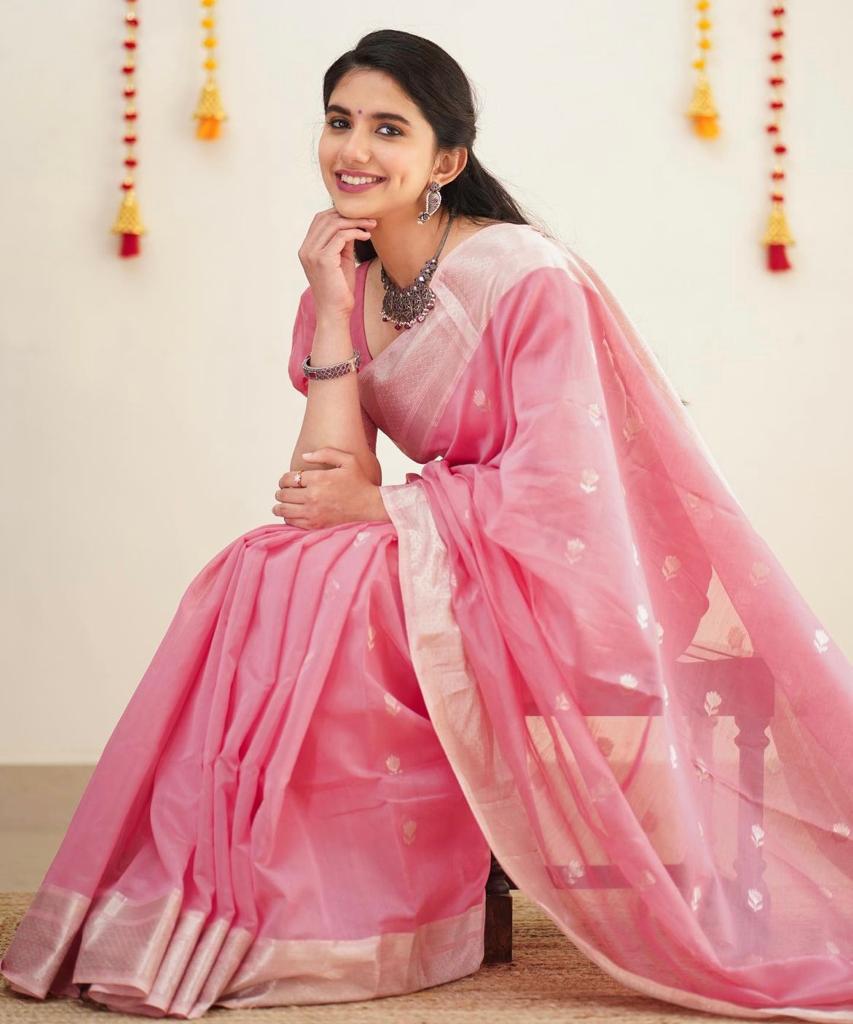 Precious Pink Cotton Silk Saree With Unique Blouse Piece