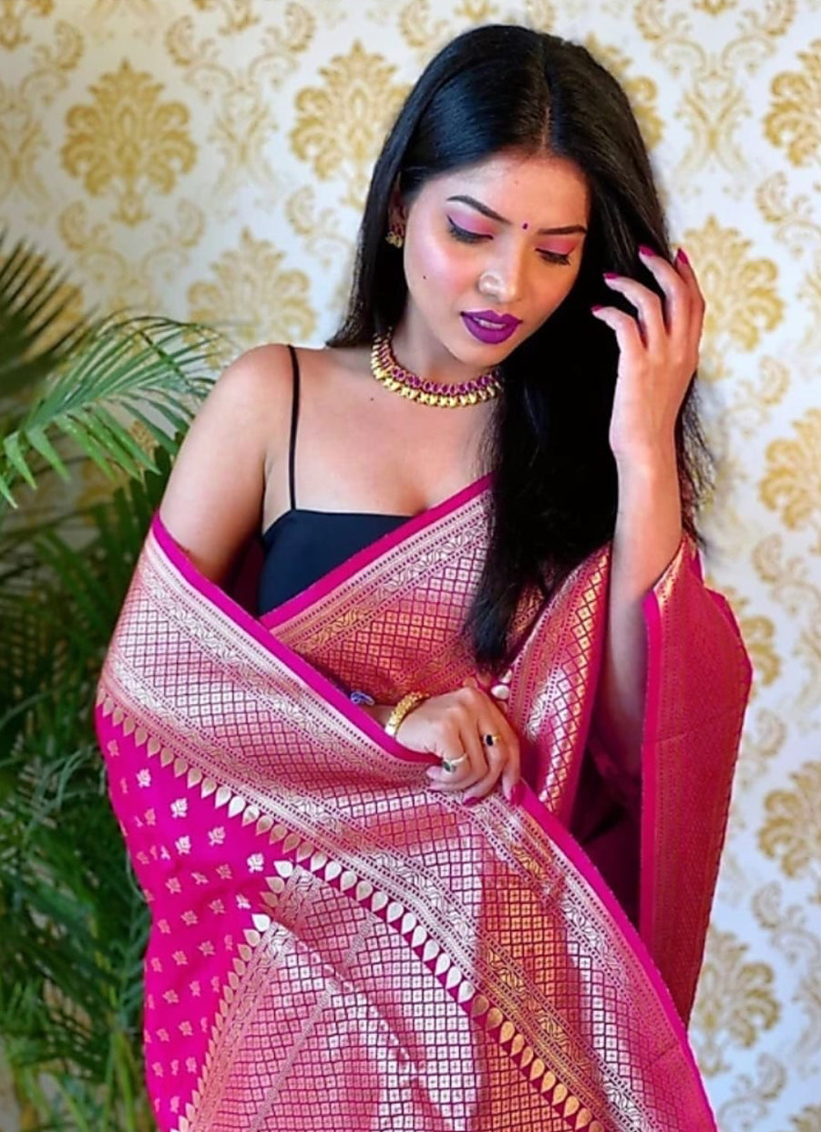 Fancifull Dark Pink Soft Silk Saree With Adoring Blouse Piece