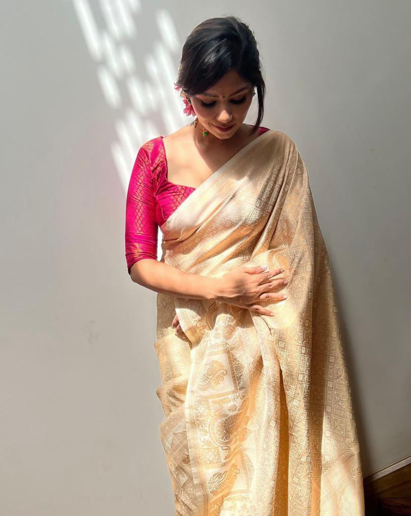 Wonderful Beige Soft Silk Saree With Mesmerising Blouse Piece