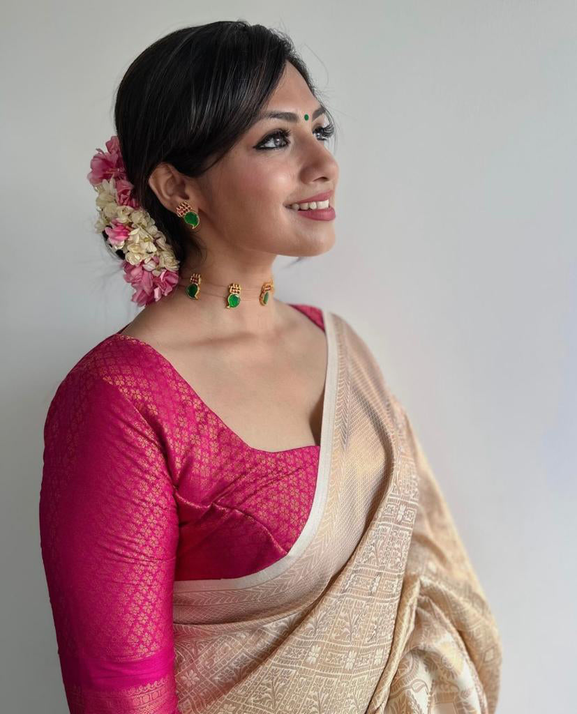 Wonderful Beige Soft Silk Saree With Mesmerising Blouse Piece