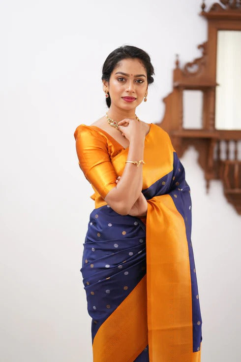 Ailurophile Blue Soft Silk Saree With Demesne Blouse Piece