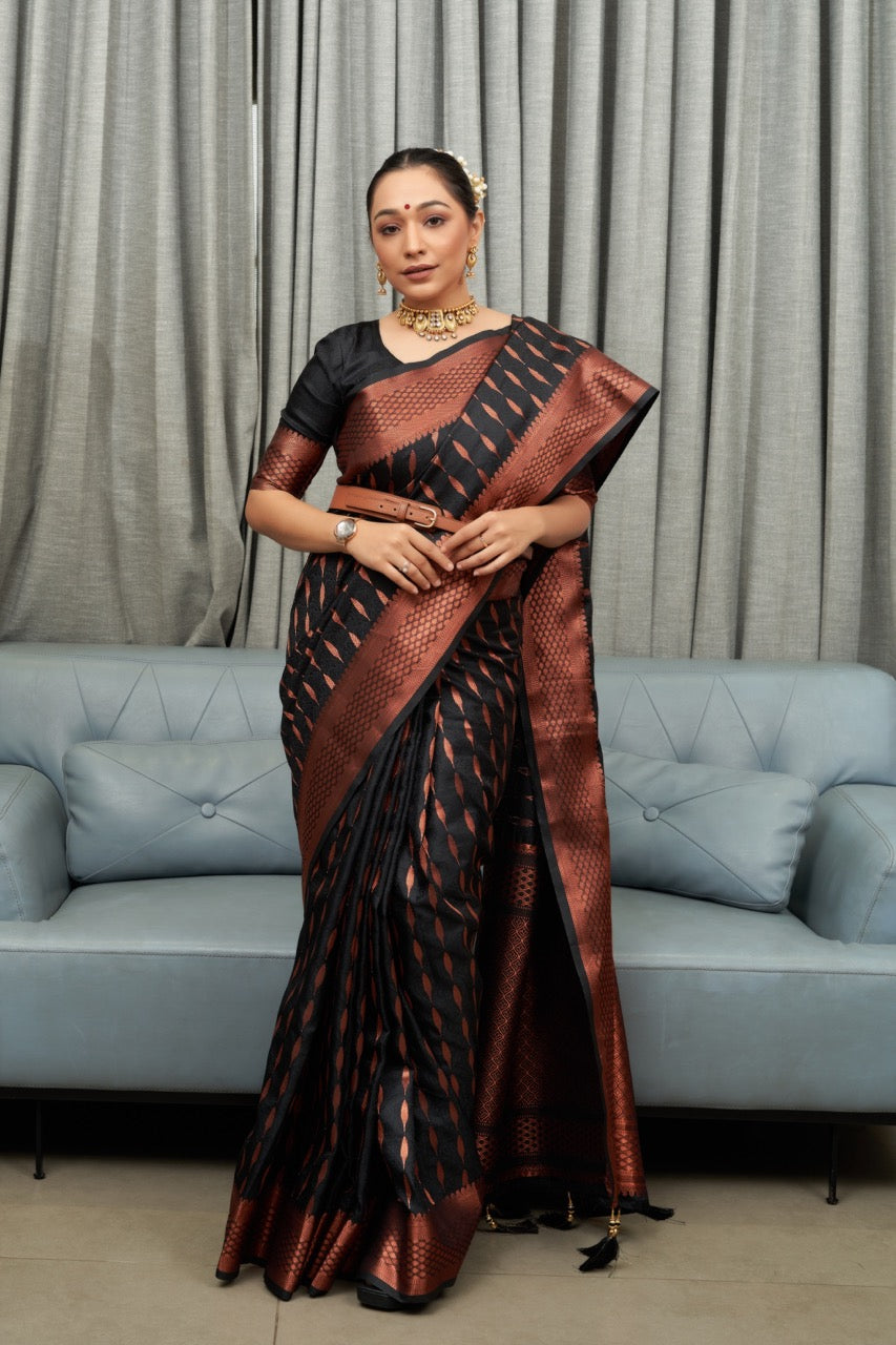 Nemesis Black Soft Silk Saree With Lissome Blouse Piece