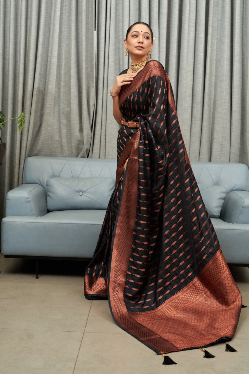 Nemesis Black Soft Silk Saree With Lissome Blouse Piece