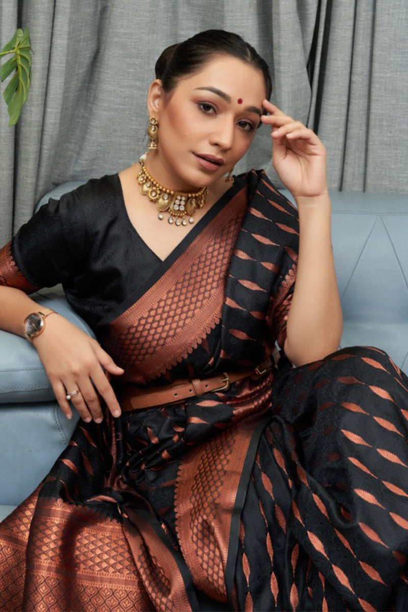 Nemesis Black Soft Silk Saree With Lissome Blouse Piece
