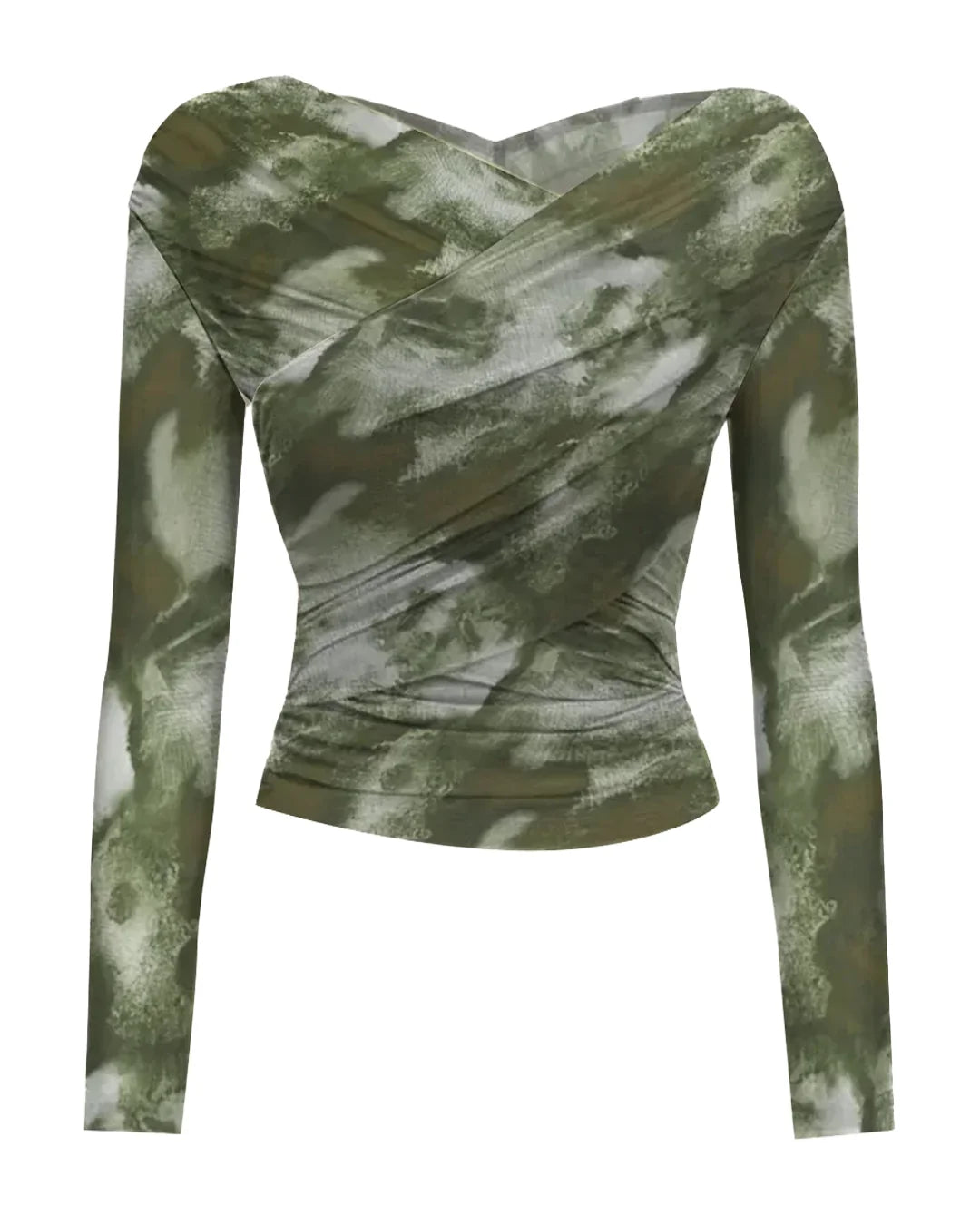 Abstract Long Sleeve Ruched Wrap Top