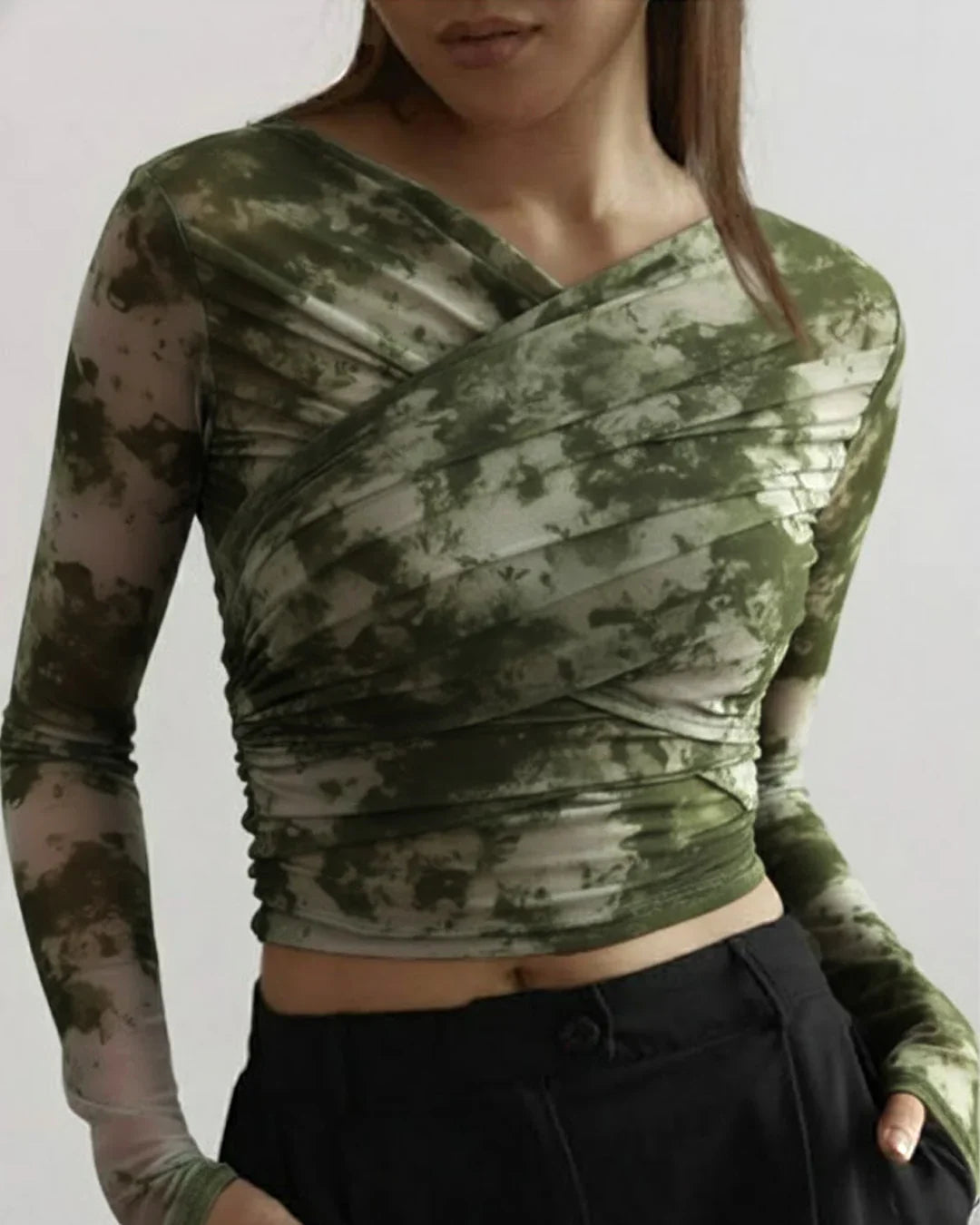 Abstract Long Sleeve Ruched Wrap Top