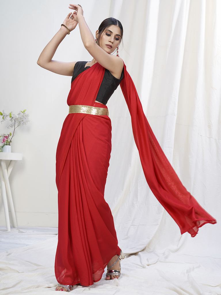 Admiral Red Ready to Wear One Minute Lycra Saree