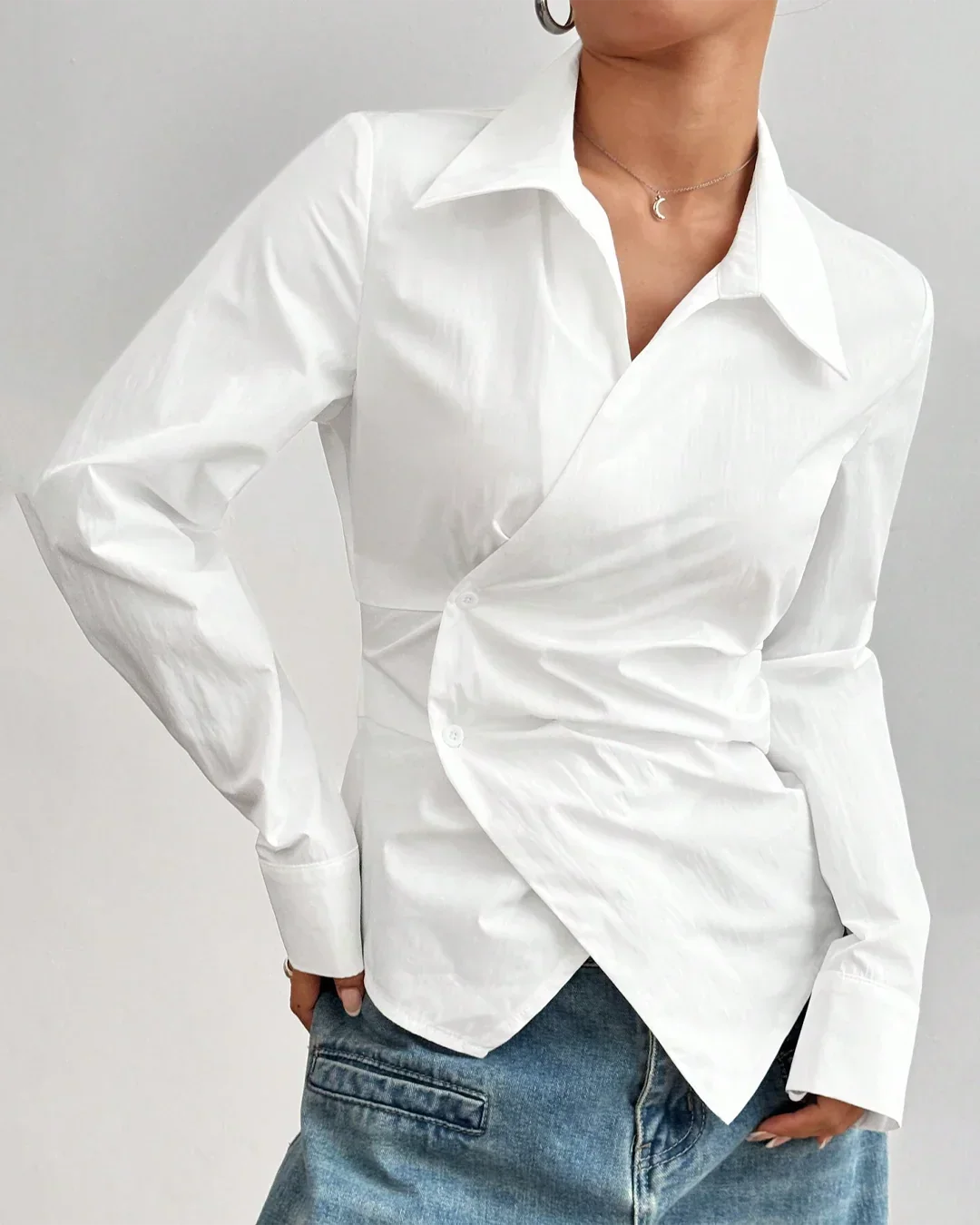 Asymmetric Hem Fitted White Shirt Top