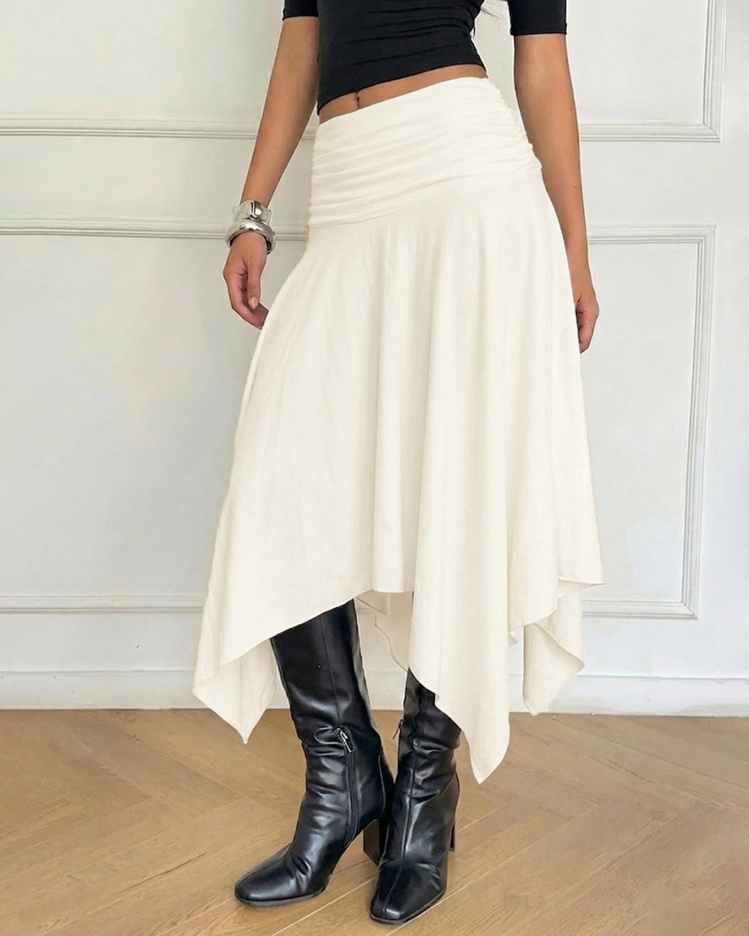 Asymmetrical Flowy Midi Skirt in Classic White